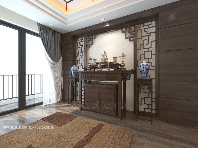 Mẫu tủ thờ hiện đại có đường nét chạm khắc tỉ mỉ để phù hợp với nhà phố biệt thự.